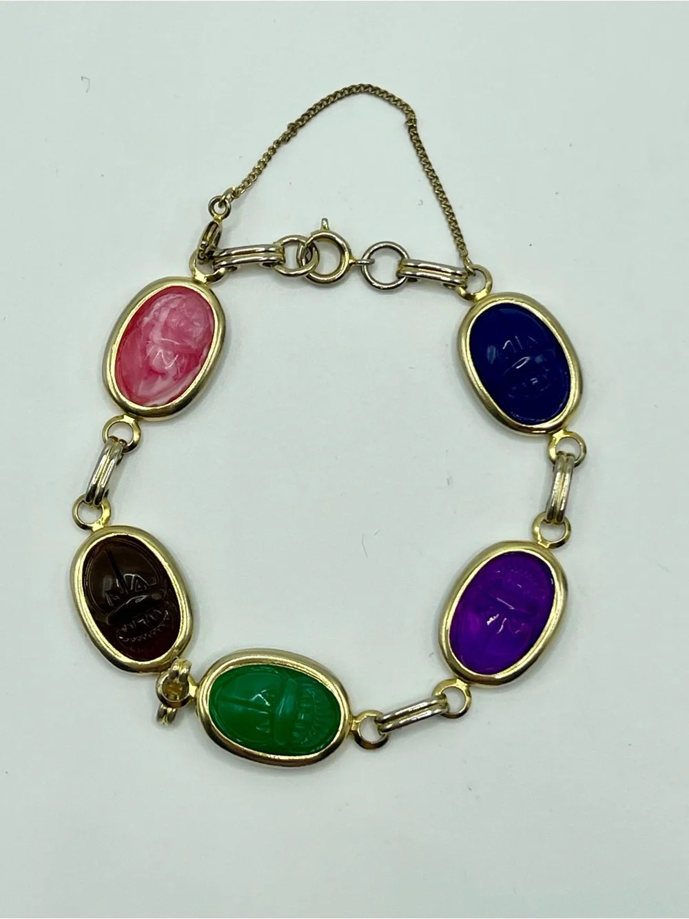 Multi-Color Scarab Link Bracelet - Gold Tone Accent Acrylic Plastic